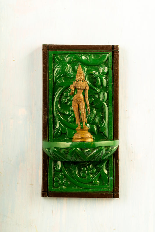 Antique finished Bronze Sivagami 6" placed on a hand crafted wooden wall frame