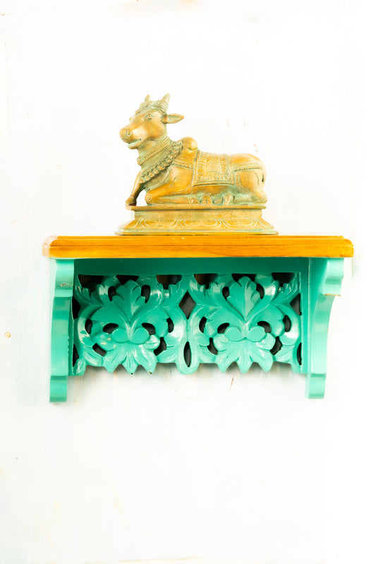 Antique Finished Nandhi Placed on Handmade Wall Shelf