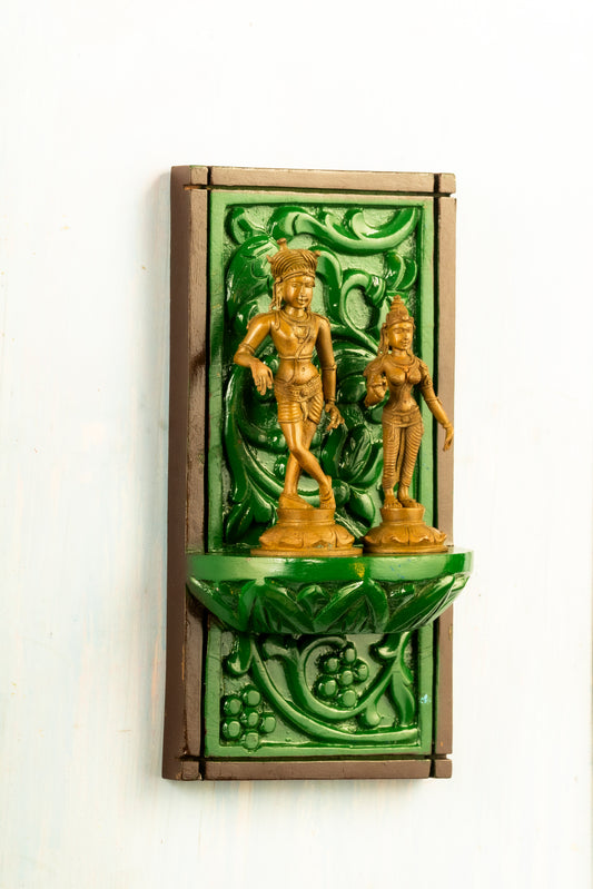 Antique Finished Rishaba Devar Set 6" placed on a hand crafted wooden frame