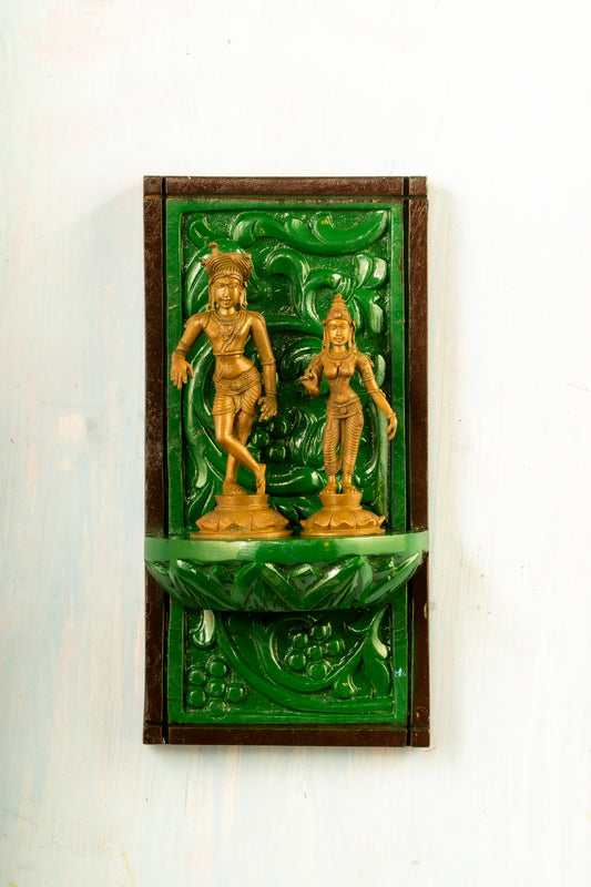 Antique Finished Rishaba Devar Set 6" placed on a hand crafted wooden frame
