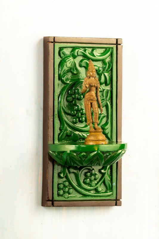 Antique finished Bronze Sivagami 6" placed on a hand crafted wooden wall frame