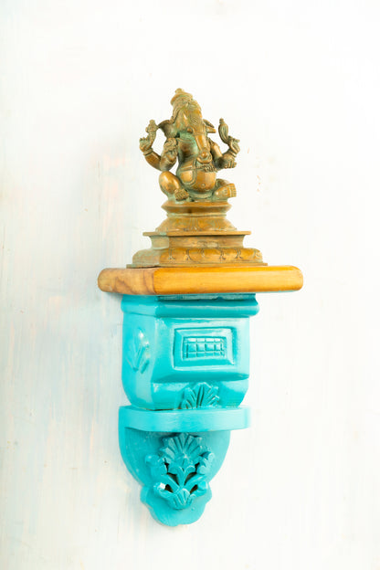 Antique Finished Bronze Sitting  6" Ganesh Placed on an Elegant Pillar Wall Hanger