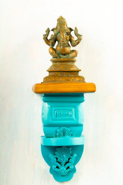 Antique Finished Bronze Sitting  6" Ganesh Placed on an Elegant Pillar Wall Hanger