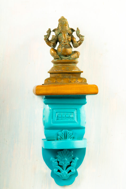 Antique Finished Bronze Sitting  6" Ganesh Placed on an Elegant Pillar Wall Hanger