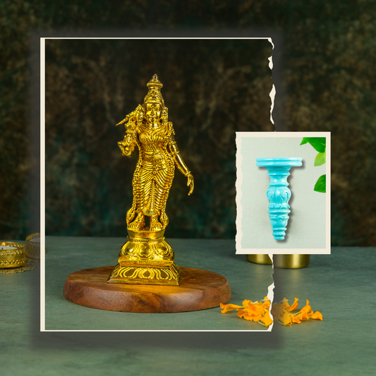 Bronze Meenakshi 6" + Wooden Flower Bracket  (Handcrafted Devotion Combo)