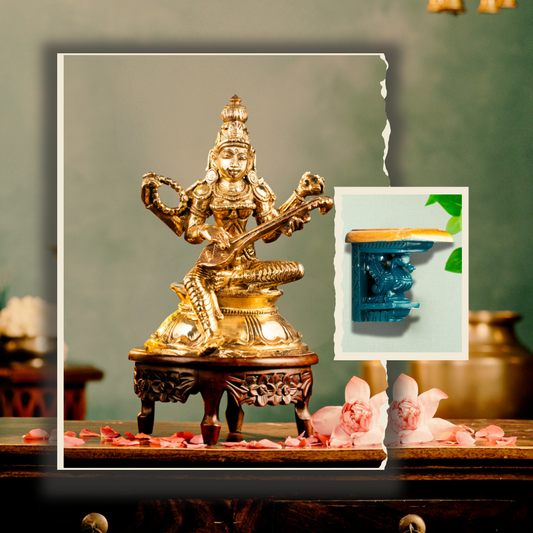 Bronze Sarasawathi 3" + Wooden Swan (Handcrafted Devotion Combo)