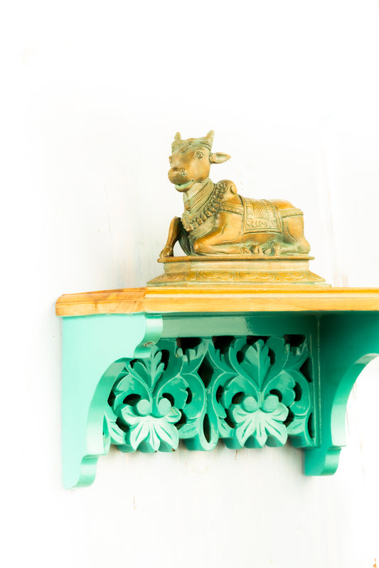 Antique Finished Nandhi Placed on Handmade Wall Shelf
